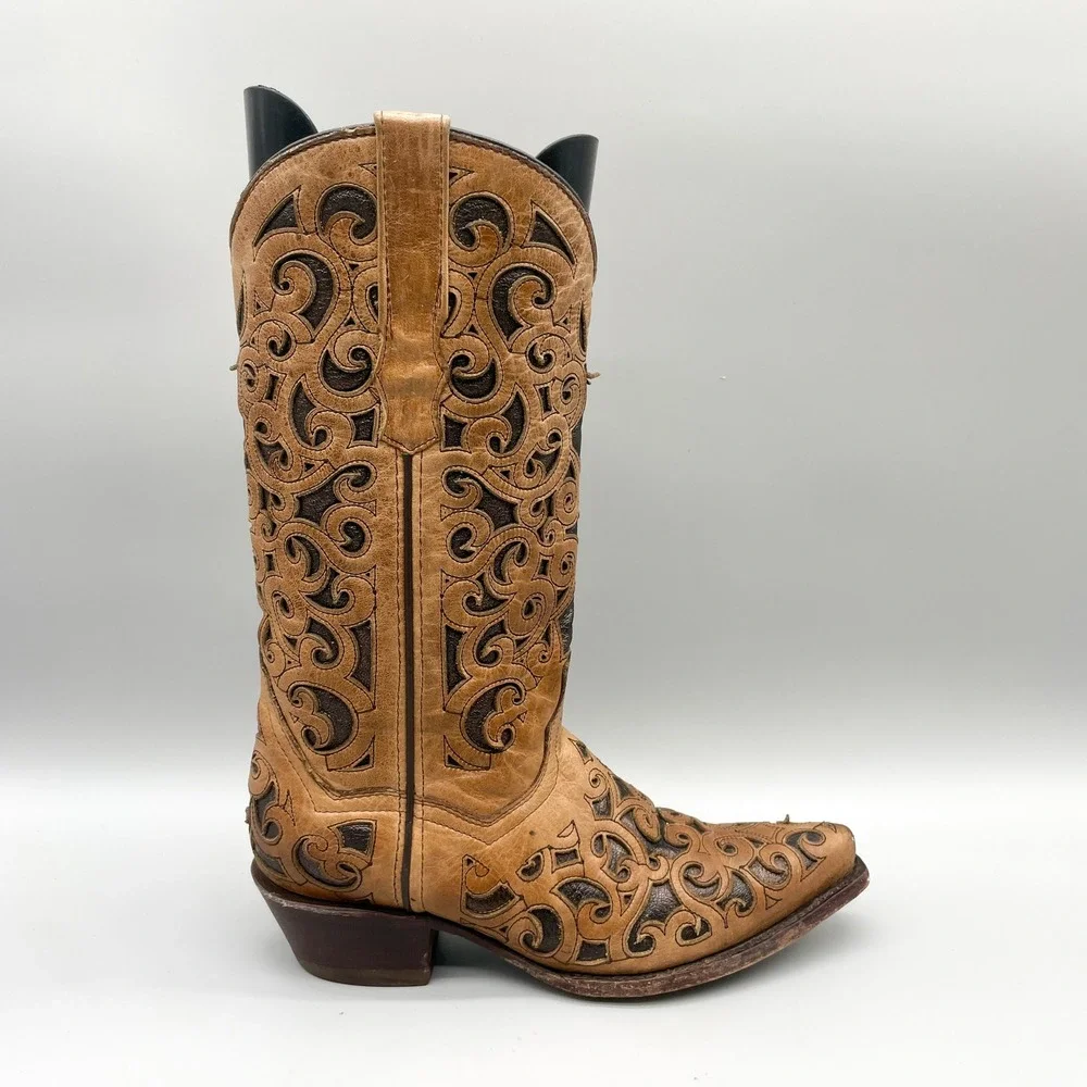 Wildflowers Bluebonnet Womens 8 Tan Brown Leather Cowboy Boots Snip Toe Boho